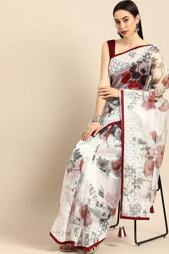 White & maroon organza printed mysore silk saree