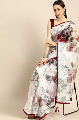 White & maroon organza printed mysore silk saree