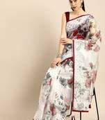 White & maroon organza printed mysore silk saree