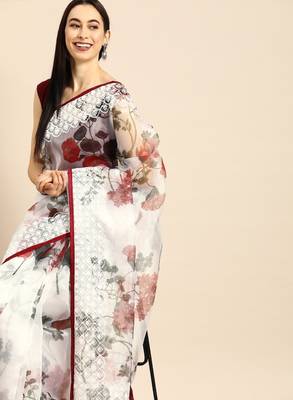 White & maroon organza printed mysore silk saree 2