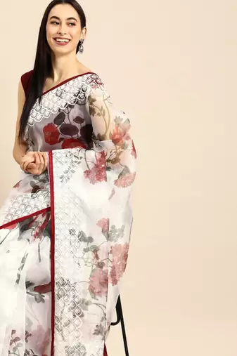 White & maroon organza printed mysore silk saree