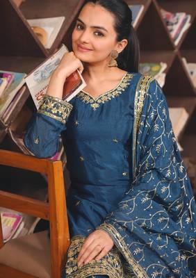 navy blue silk blend  embroidered sequins palazzo suit festive wear for women's 2