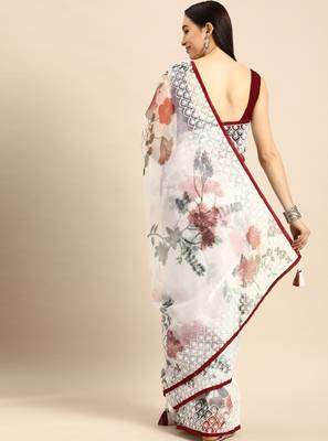 White & maroon organza printed mysore silk saree 3