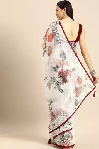 White & maroon organza printed mysore silk saree