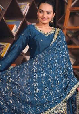 navy blue silk blend  embroidered sequins palazzo suit festive wear for women's 4