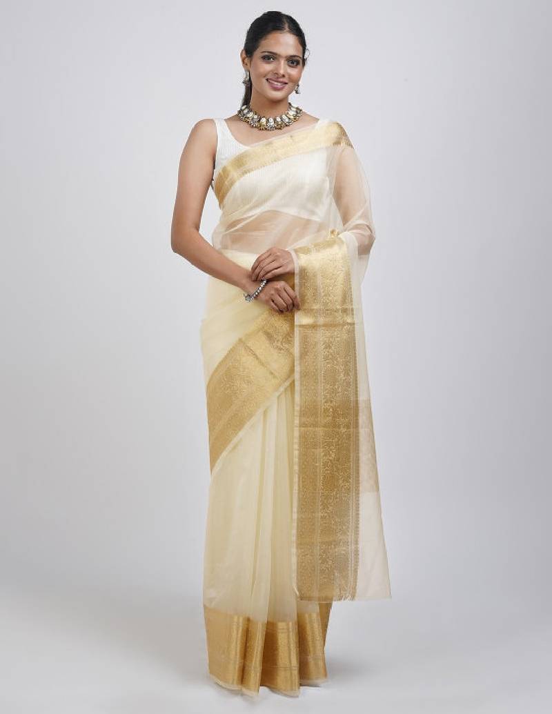 Ethnic motifs woven design zari organza saree
