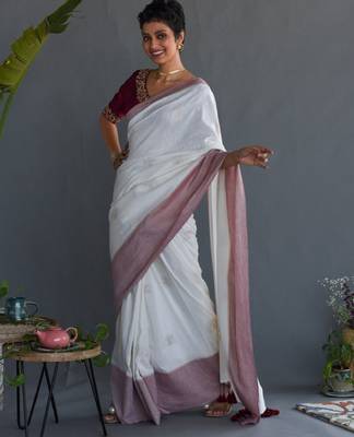 White & maroon ethnic motifs printed pure cotton saree 1