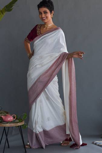 White & maroon ethnic motifs printed pure cotton saree