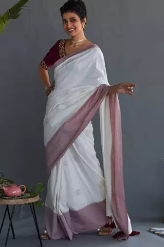 White & maroon ethnic motifs printed pure cotton saree