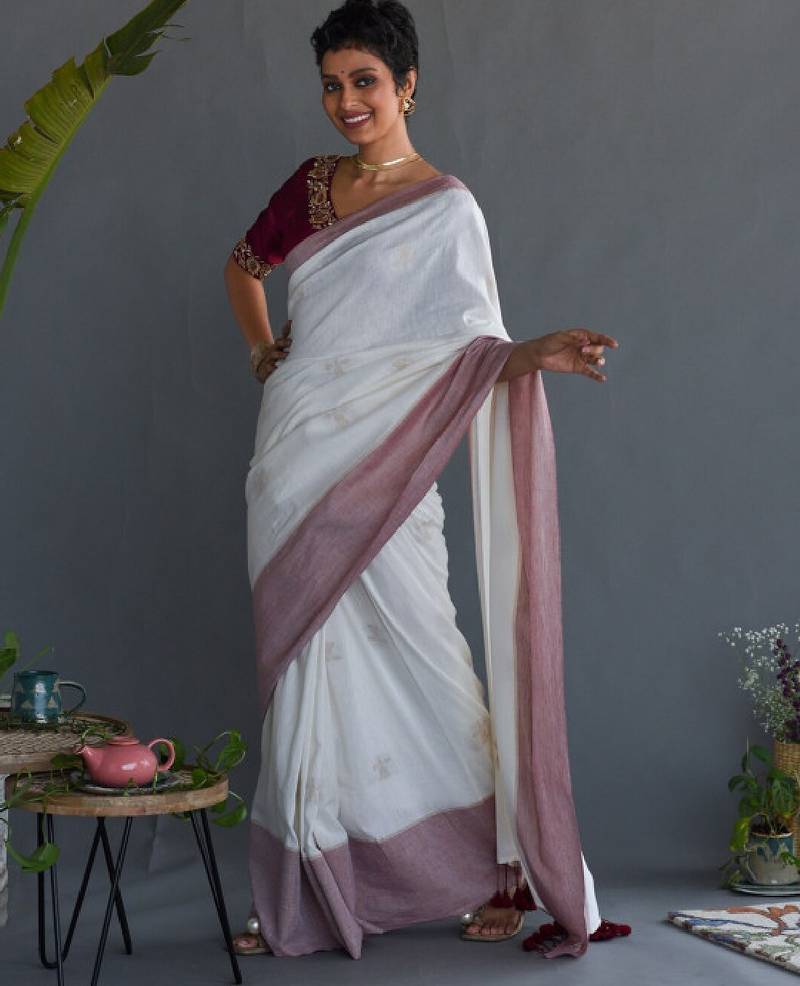 White & maroon ethnic motifs printed pure cotton saree