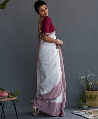 White & maroon ethnic motifs printed pure cotton saree 2