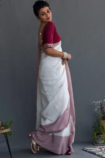 White & maroon ethnic motifs printed pure cotton saree