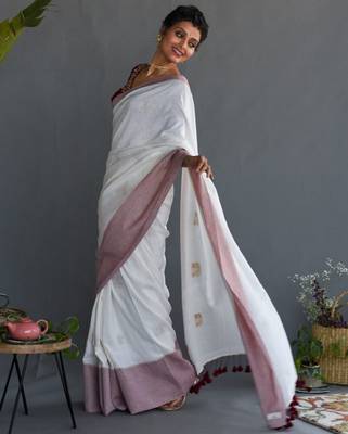 White & maroon ethnic motifs printed pure cotton saree 3