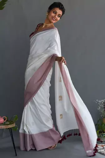 White & maroon ethnic motifs printed pure cotton saree
