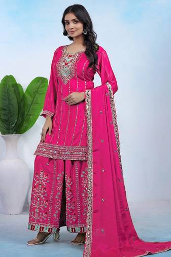 hot pink silk blend  embroidery work sharara suit with dupatta