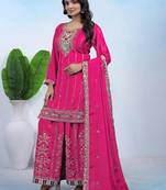 hot pink silk blend  embroidery work sharara suit with dupatta