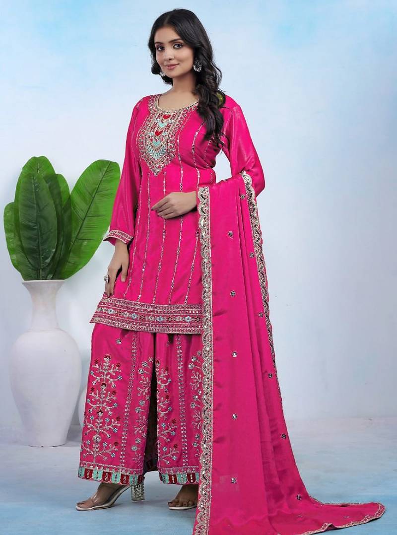 hot pink silk blend  embroidery work sharara suit with dupatta
