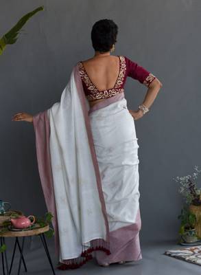 White & maroon ethnic motifs printed pure cotton saree 4