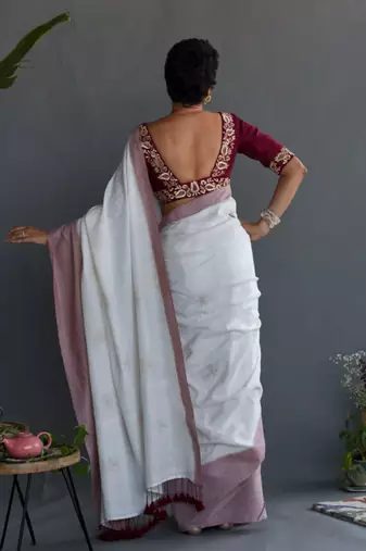 White & maroon ethnic motifs printed pure cotton saree