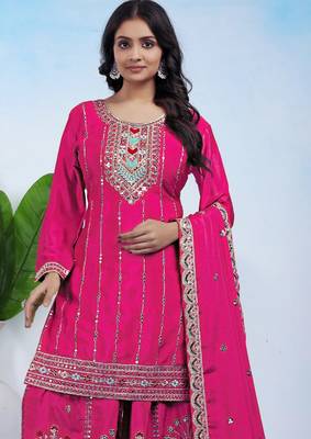 hot pink silk blend  embroidery work sharara suit with dupatta 3
