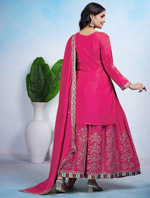 hot pink silk blend  embroidery work sharara suit with dupatta 4