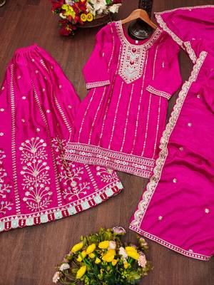 hot pink silk blend  embroidery work sharara suit with dupatta 5