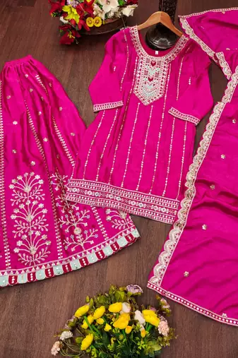 hot pink silk blend  embroidery work sharara suit with dupatta