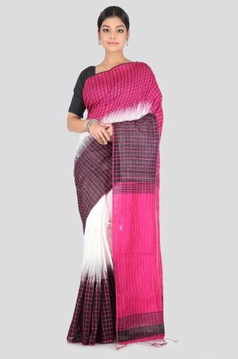 White & pink cotton blend checked handloom saree