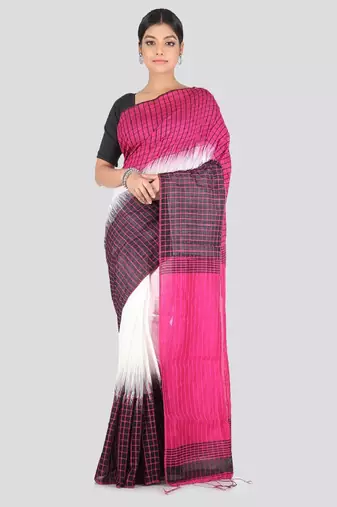 White & pink cotton blend checked handloom saree
