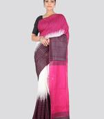 White & pink cotton blend checked handloom saree
