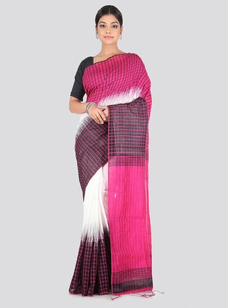 White & pink cotton blend checked handloom saree