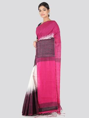 White & pink cotton blend checked handloom saree 2