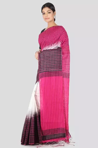 White & pink cotton blend checked handloom saree