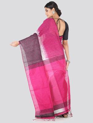 White & pink cotton blend checked handloom saree 3