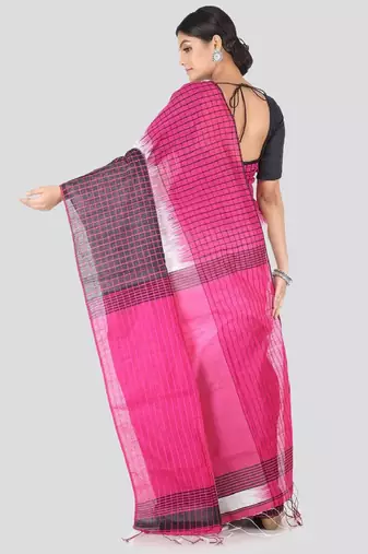 White & pink cotton blend checked handloom saree