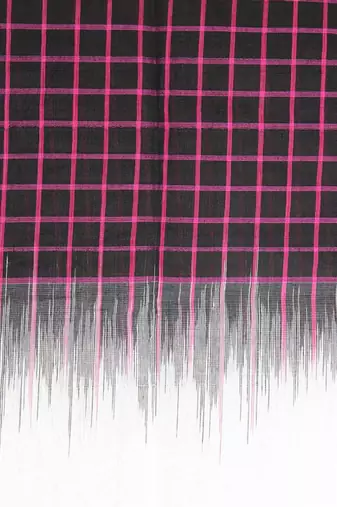 White & pink cotton blend checked handloom saree