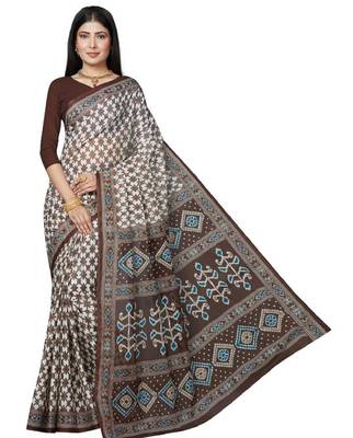White & blue checked pure cotton block print saree 1