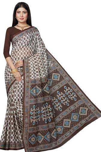 White & blue checked pure cotton block print saree