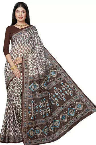 White & blue checked pure cotton block print saree