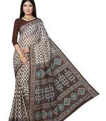 White & blue checked pure cotton block print saree