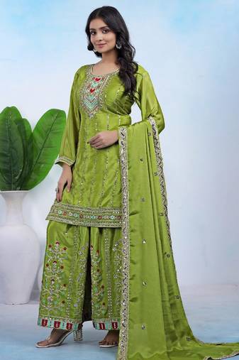 green silk blend  embroidery work sharara suit with dupatta