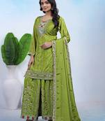 green silk blend  embroidery work sharara suit with dupatta