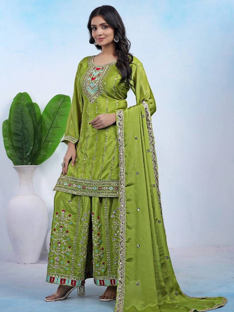 green silk blend  embroidery work sharara suit with dupatta