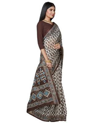 White & blue checked pure cotton block print saree 2