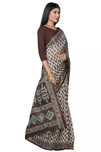 White & blue checked pure cotton block print saree