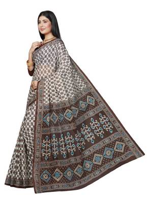 White & blue checked pure cotton block print saree 3