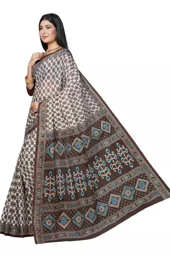 White & blue checked pure cotton block print saree