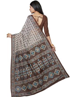 White & blue checked pure cotton block print saree 4