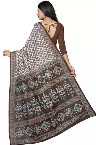 White & blue checked pure cotton block print saree