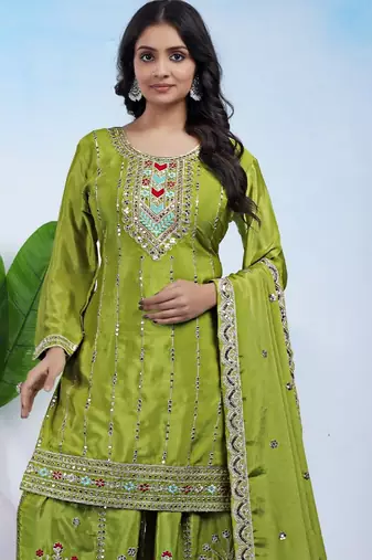 green silk blend  embroidery work sharara suit with dupatta
